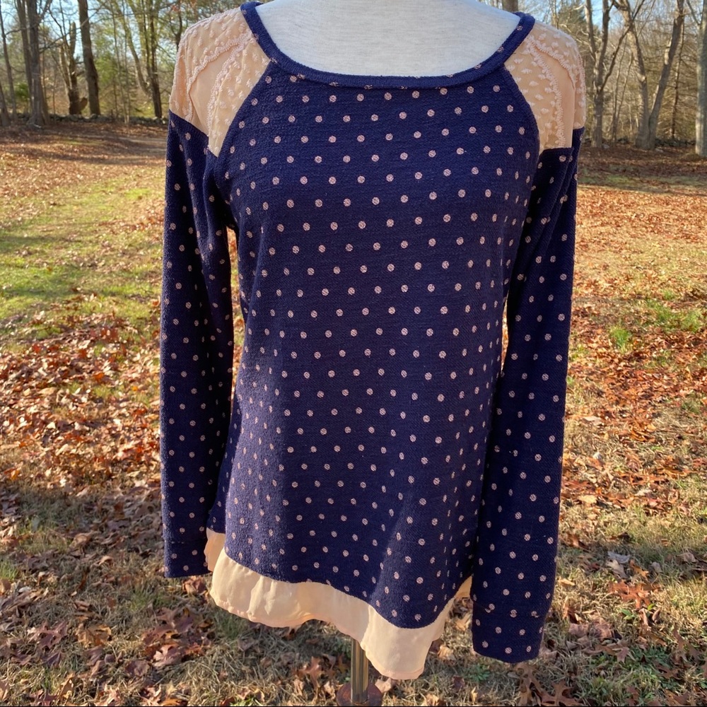 MAISON JULES TOP BLUE PEACH DOT SHEER LACE LONG SLEEVE SIZE MEDIUM
